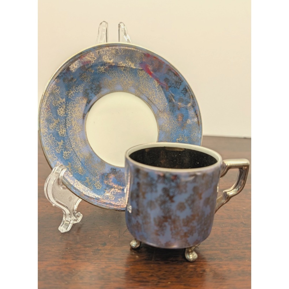 Vintage Mercator Bavaria Germany Footed Teacup Saucer Blue Floral Silver Luster